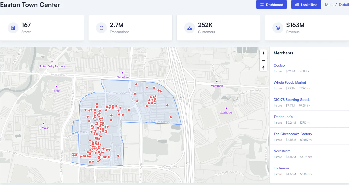 Mall detail page for Easton Town Center with store map, KPIs and merchant ranking